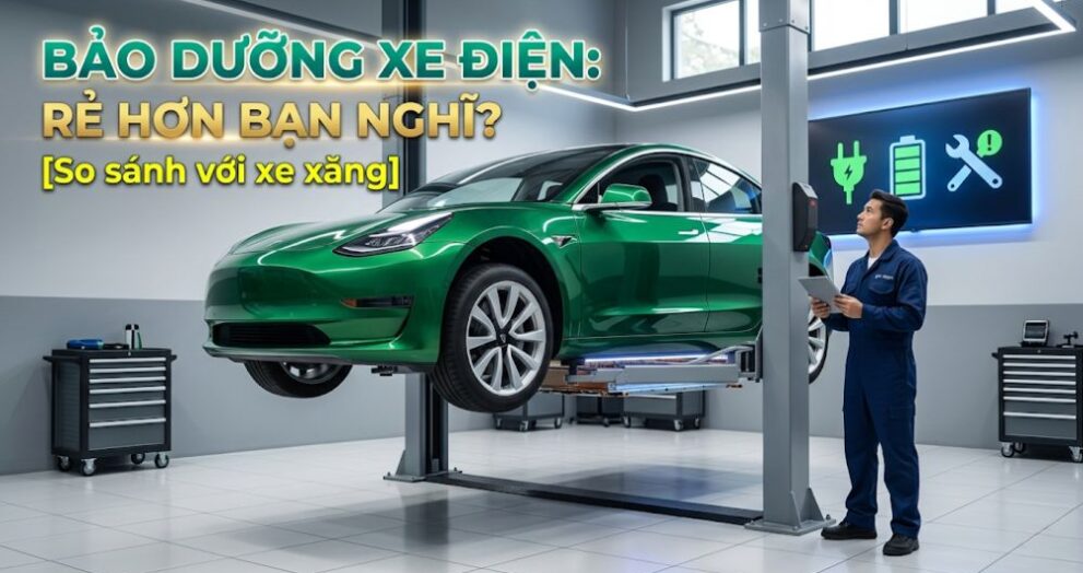 Kỹ thuật viên kiểm tra gầm xe điện Tesla Model 3 đang được nâng trên cầu nâng trong gara bảo dưỡng hiện đại, sạch sẽ.