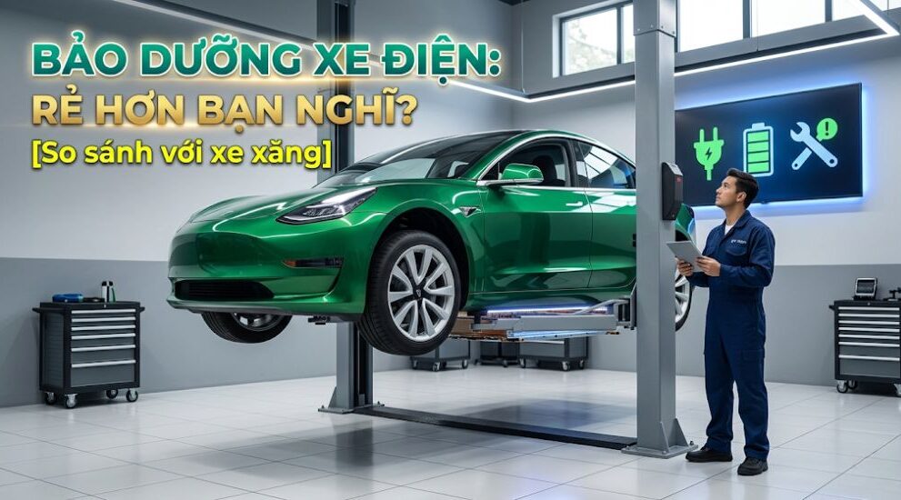 Kỹ thuật viên kiểm tra gầm xe điện Tesla Model 3 đang được nâng trên cầu nâng trong gara bảo dưỡng hiện đại, sạch sẽ.