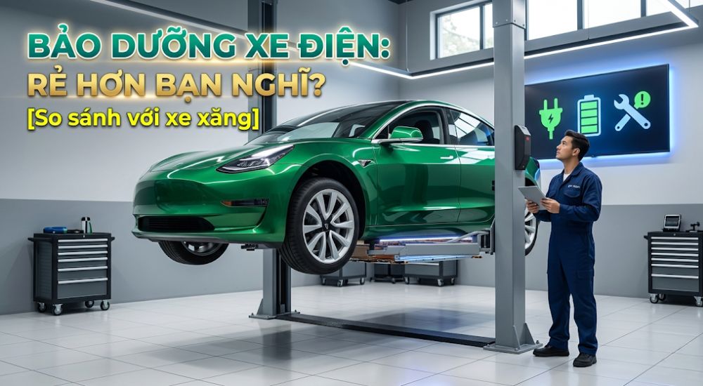 Kỹ thuật viên kiểm tra gầm xe điện Tesla Model 3 đang được nâng trên cầu nâng trong gara bảo dưỡng hiện đại, sạch sẽ.