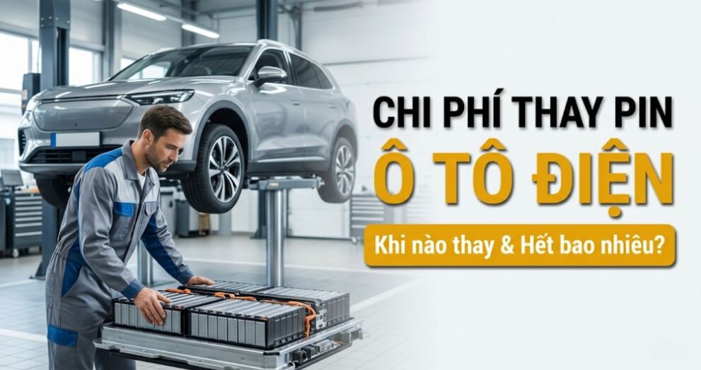 Hình ảnh kỹ thuật viên kiểm tra bộ pin xe điện trên cầu nâng tại trung tâm dịch vụ chuyên nghiệp.