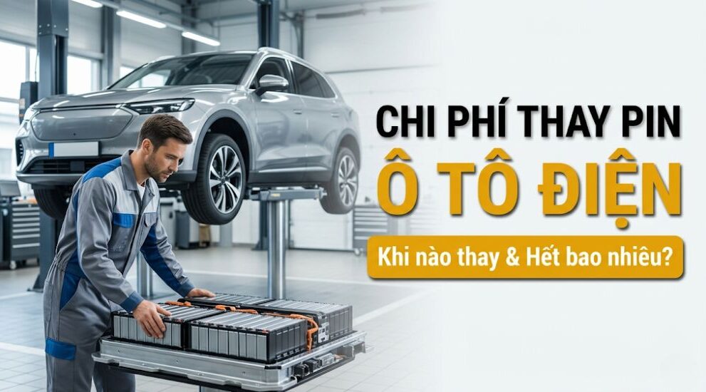 Hình ảnh kỹ thuật viên kiểm tra bộ pin xe điện trên cầu nâng tại trung tâm dịch vụ chuyên nghiệp.