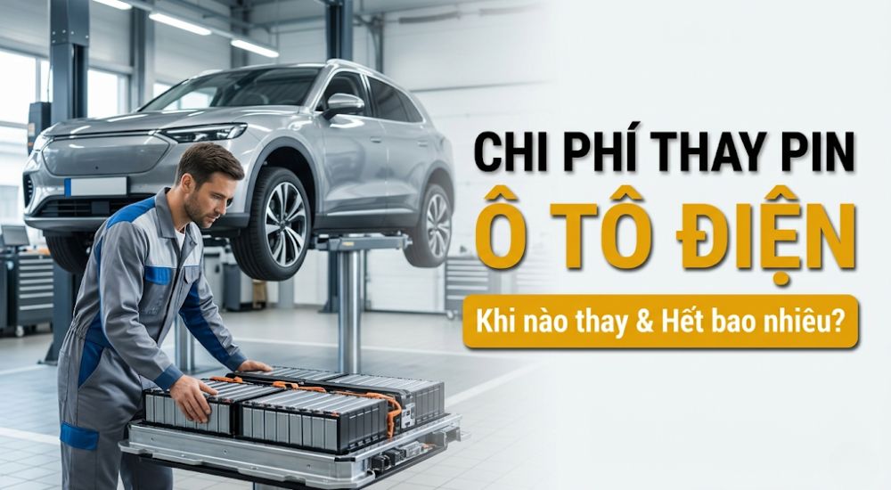 Hình ảnh kỹ thuật viên kiểm tra bộ pin xe điện trên cầu nâng tại trung tâm dịch vụ chuyên nghiệp.