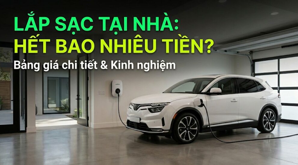 Lắp trụ sạc ô tô điện tại nhà giá bao nhiêu - Mẫu xe điện SUV trắng và bộ sạc treo tường thông minh tại gia."